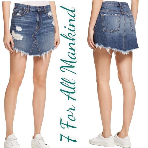 7 FOR ALL MANKIND Raw Fringe Hem Denim Mini Skirt, Size 27 - Picture 1 of 10